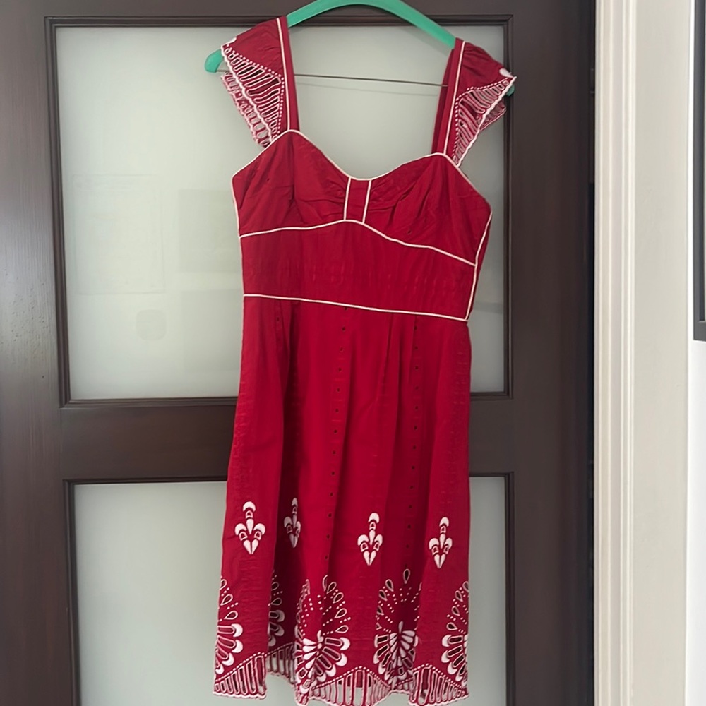 Nanette Lepore red mini dress with white embroidery and flutter sleeve - size 0